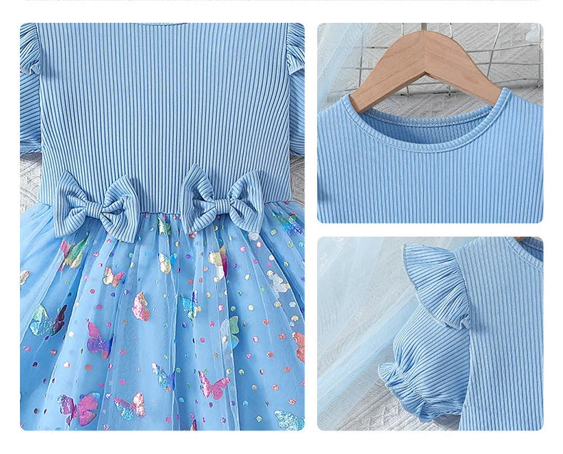Trendy Sweet Girls' Bow Princess Dress Korean Style Children's Butterfly Mesh Flower Birthday Dress 2-6Year Summer Kids Clothing