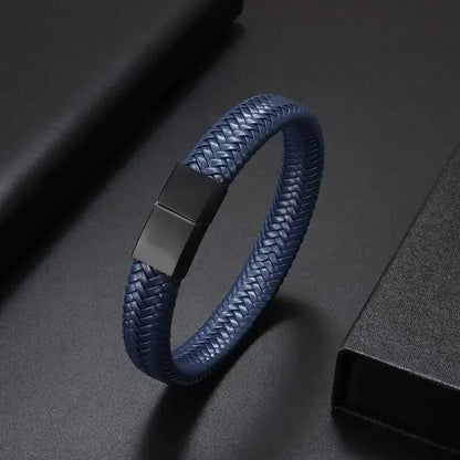 Simples e Classic , Black Hand Woven Leather Bracelet with Metal Magnetic Clasp Men's Fashion Jewelry .