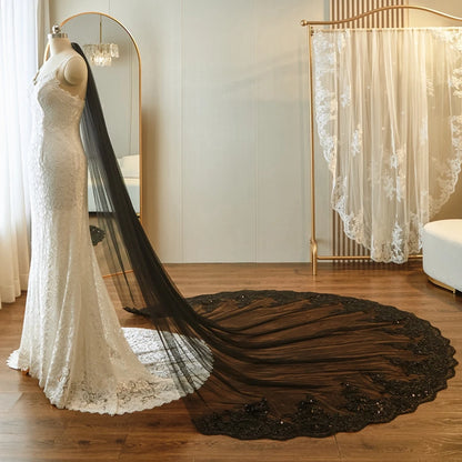 Véu de noiva 3*3 Meter Cathedral wedding veils Lace Appliques Bridal veil  cor preta