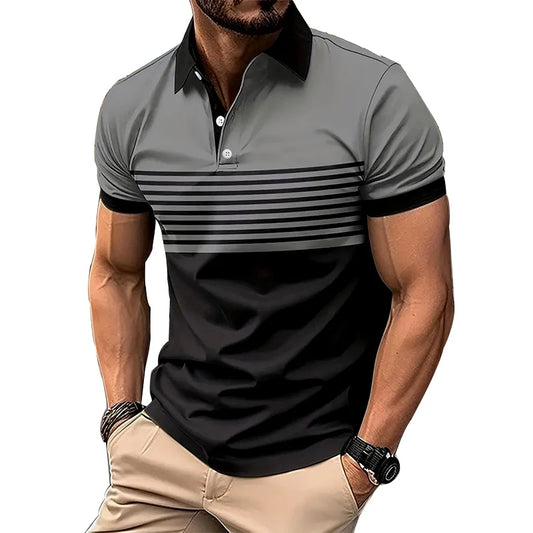 New Summer Men Casual Short Sleeve Lapel Business Polo Shirt  Stripe Polo Shirt Sport Button Pullover