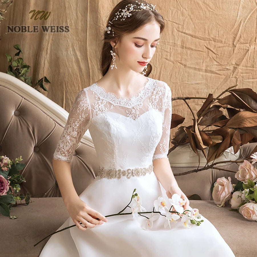 Wedding Dresses Organza A-line Simple Wedding Dress Floor-length Sashes Bridal Dresses with Half Lace Wedding Gown