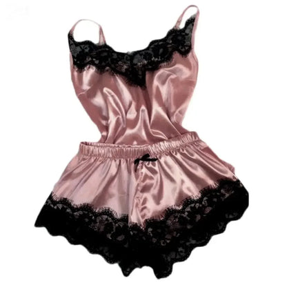 Fashion Women Pajama  V-Neck Stretch Satin Babydoll Lace Sexy Lingerie Bowknot Pyjamas Sleep Shorts Set Sleepwear
