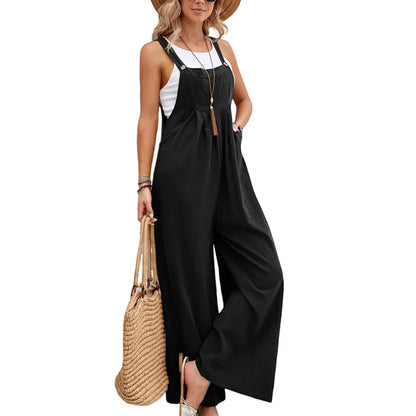 Summer Women Long Jumpsuit Solid Color Casual Loose Thin Size Sleeveless Straps Wide Leg Women Suspender Loose Jumpsuit