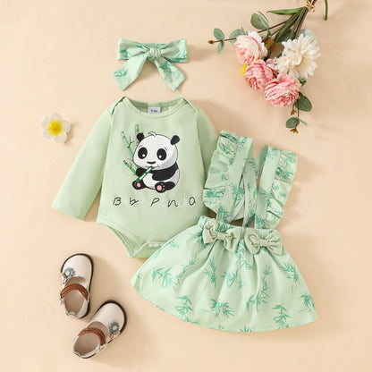 Prowow Panda Baby Girl Outfits Sets Green Cute Panda Romper and Suspender Bamboo Dress 3pcs Baby Clothes Panda Set