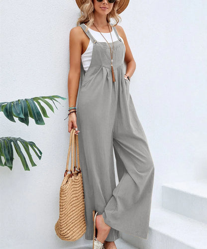 Summer Women Long Jumpsuit Solid Color Casual Loose Thin Size Sleeveless Straps Wide Leg Women Suspender Loose Jumpsuit