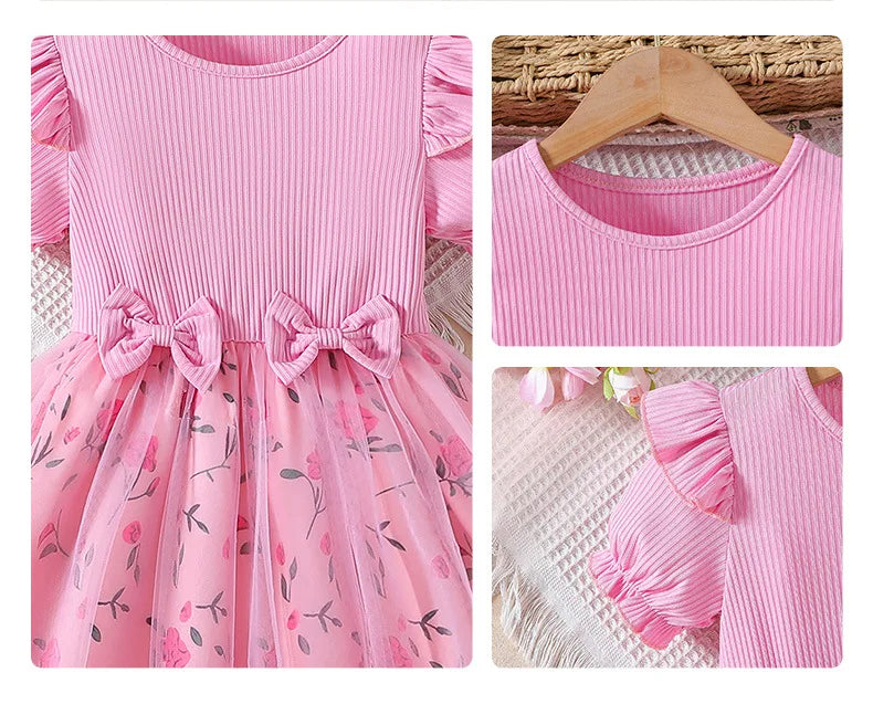 Trendy Sweet Girls' Bow Princess Dress Korean Style Children's Butterfly Mesh Flower Birthday Dress 2-6Year Summer Kids Clothing