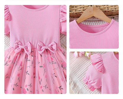 Trendy Sweet Girls' Bow Princess Dress Korean Style Children's Butterfly Mesh Flower Birthday Dress 2-6Year Summer Kids Clothing