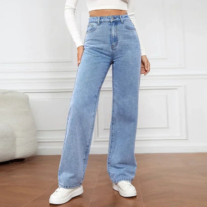 Jeans ganga Mulheres Calças Retas Lavagem Cintura Alta Solta Bolsos Básicos Comprimento Tornozelo Y2k Calças Azuis Streetwear Leve Elástico . Descubra conforto e estilo. Toque especial...