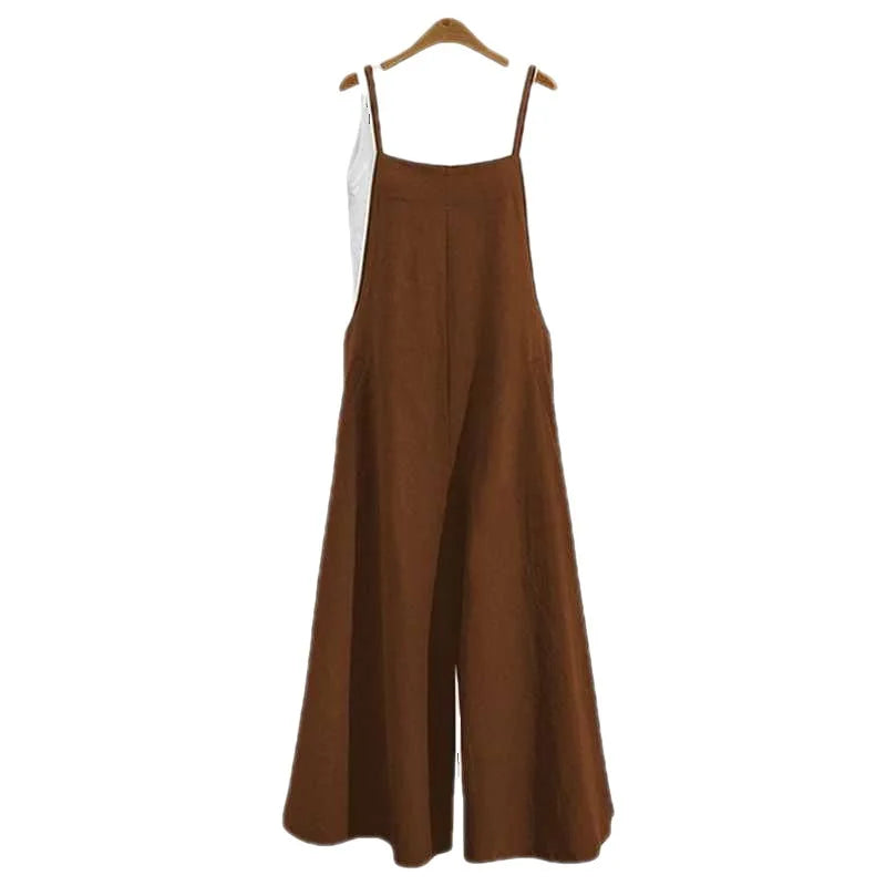 Summer Women Long Jumpsuit Solid Color Casual Loose Thin Size Sleeveless Straps Wide Leg Women Suspender Loose Jumpsuit