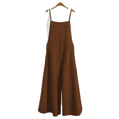Summer Women Long Jumpsuit Solid Color Casual Loose Thin Size Sleeveless Straps Wide Leg Women Suspender Loose Jumpsuit