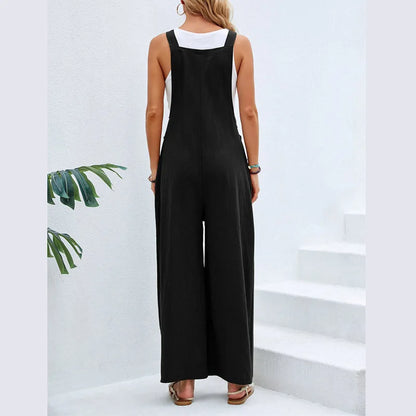 Summer Women Long Jumpsuit Solid Color Casual Loose Thin Size Sleeveless Straps Wide Leg Women Suspender Loose Jumpsuit