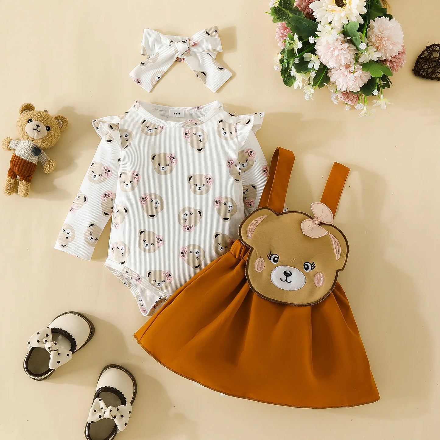 Prowow Panda Baby Girl Outfits Sets Green Cute Panda Romper and Suspender Bamboo Dress 3pcs Baby Clothes Panda Set