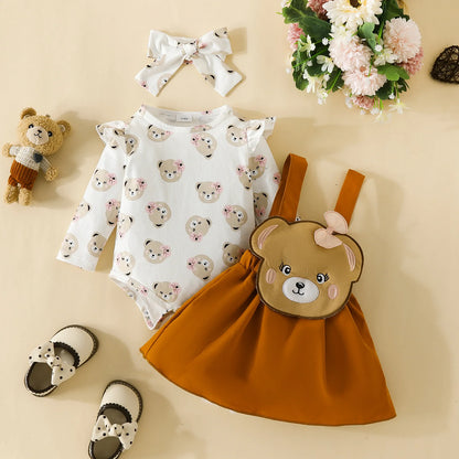 Prowow Panda Baby Girl Outfits Sets Green Cute Panda Romper and Suspender Bamboo Dress 3pcs Baby Clothes Panda Set