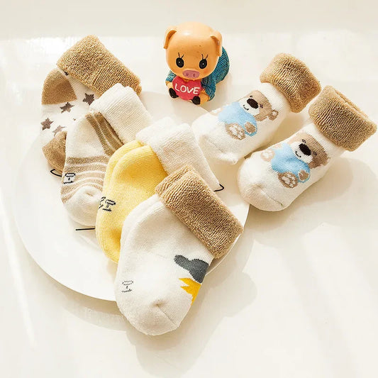 5 Pairs  de meias  para bebes   de 1 ano aos 3 anos Autumn Winter Warm Strip Baby Sock Cute Cartoon Dot Thick Infant Floor Sock Soft Star Pattern Newborn Toddler Sock             1        Seu bebê merece.