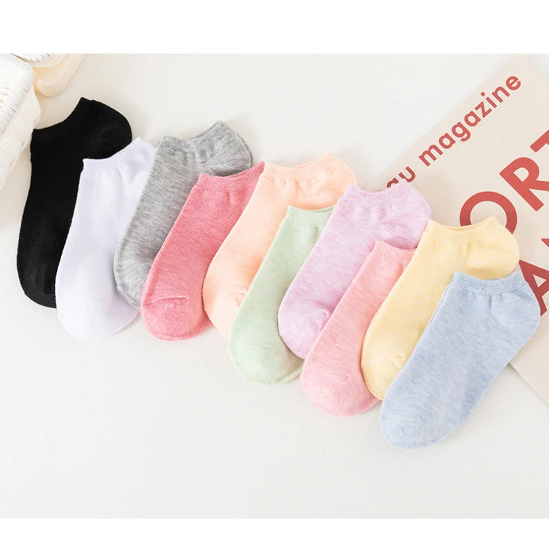 10 Pairs of Colored Cotton WOMEN'S Short Socks, Ankle Breathable Mesh Sports Socks, Summer Casual Solid Color Boat Socks
