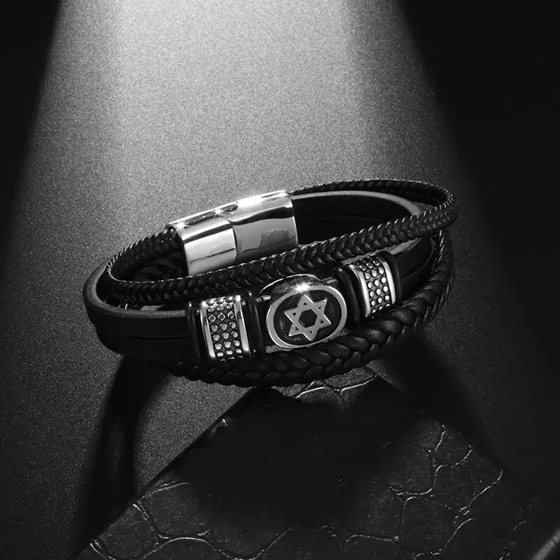 European and American Fashion Stainless Steel Star of David Multilayer Leather Braid Bracelet Mes Charm Amulet Jewelry