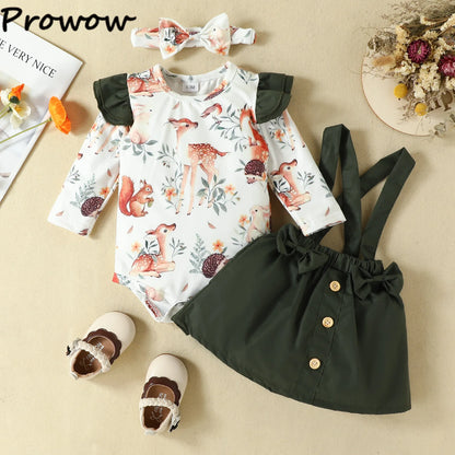 Prowow Panda Baby Girl Outfits Sets Green Cute Panda Romper and Suspender Bamboo Dress 3pcs Baby Clothes Panda Set