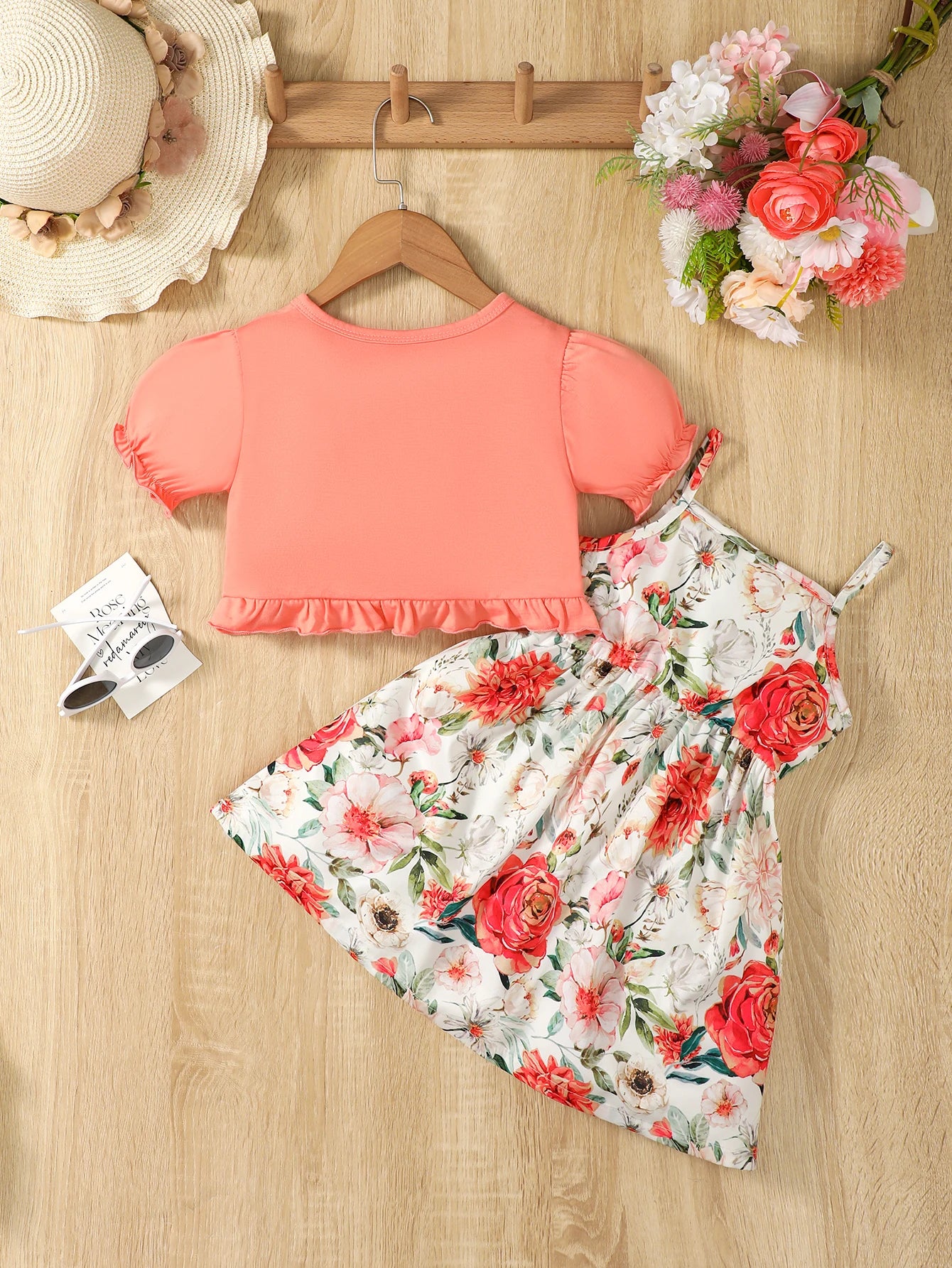 Conjunto de 2 pecas  vestido floral,com casaco meia manga   for Girls Aged 1-6 Summer Fashion Dress