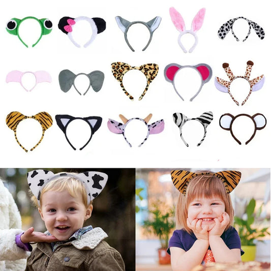 tiara Girls Cute Cow Giraffe Elephant Monkey Headband Kawaii Soft Cat Bear Tiger Panda Ears Headpiece Performance Birthday Party Wear