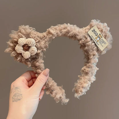 Cute Bow Tie Bear Ears Plush Hair Band for Women Wash Face Cartoon Kid Headband Female Sweet Hairband for Girls Hair Accessories
