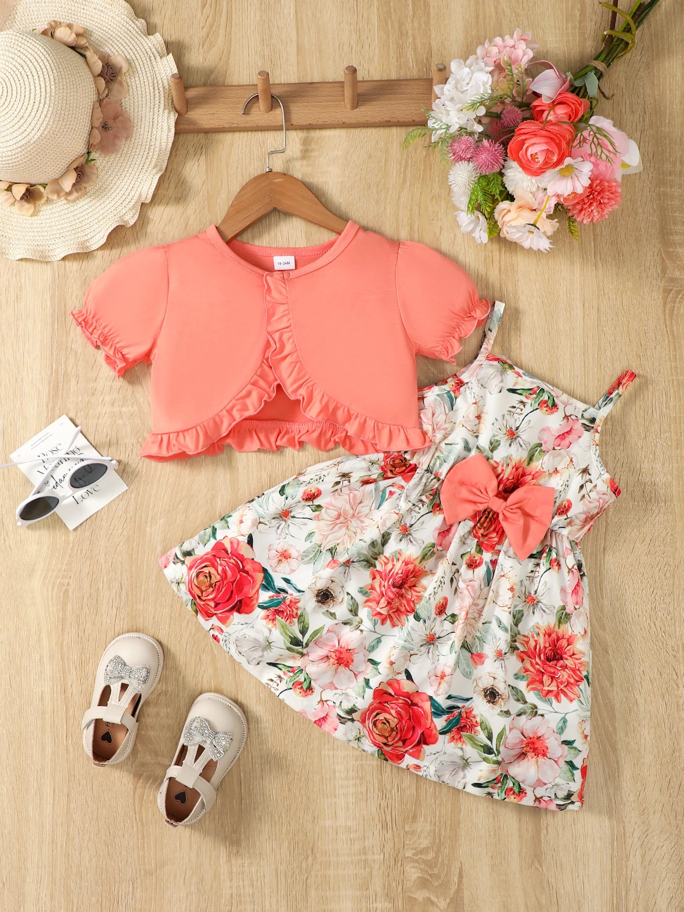 Conjunto de 2 pecas  vestido floral,com casaco meia manga   for Girls Aged 1-6 Summer Fashion Dress