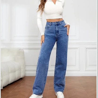 Jeans ganga Mulheres Calças Retas Lavagem Cintura Alta Solta Bolsos Básicos Comprimento Tornozelo Y2k Calças Azuis Streetwear Leve Elástico . Descubra conforto e estilo. Toque especial...