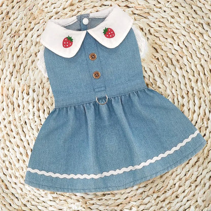 Dog Jeans Dress Strawberry Print Lace Cute Pet Dog Clothes Chihuahua Bichon Frise Summer Puppy Skirt Cat Dog Costume with Buckle