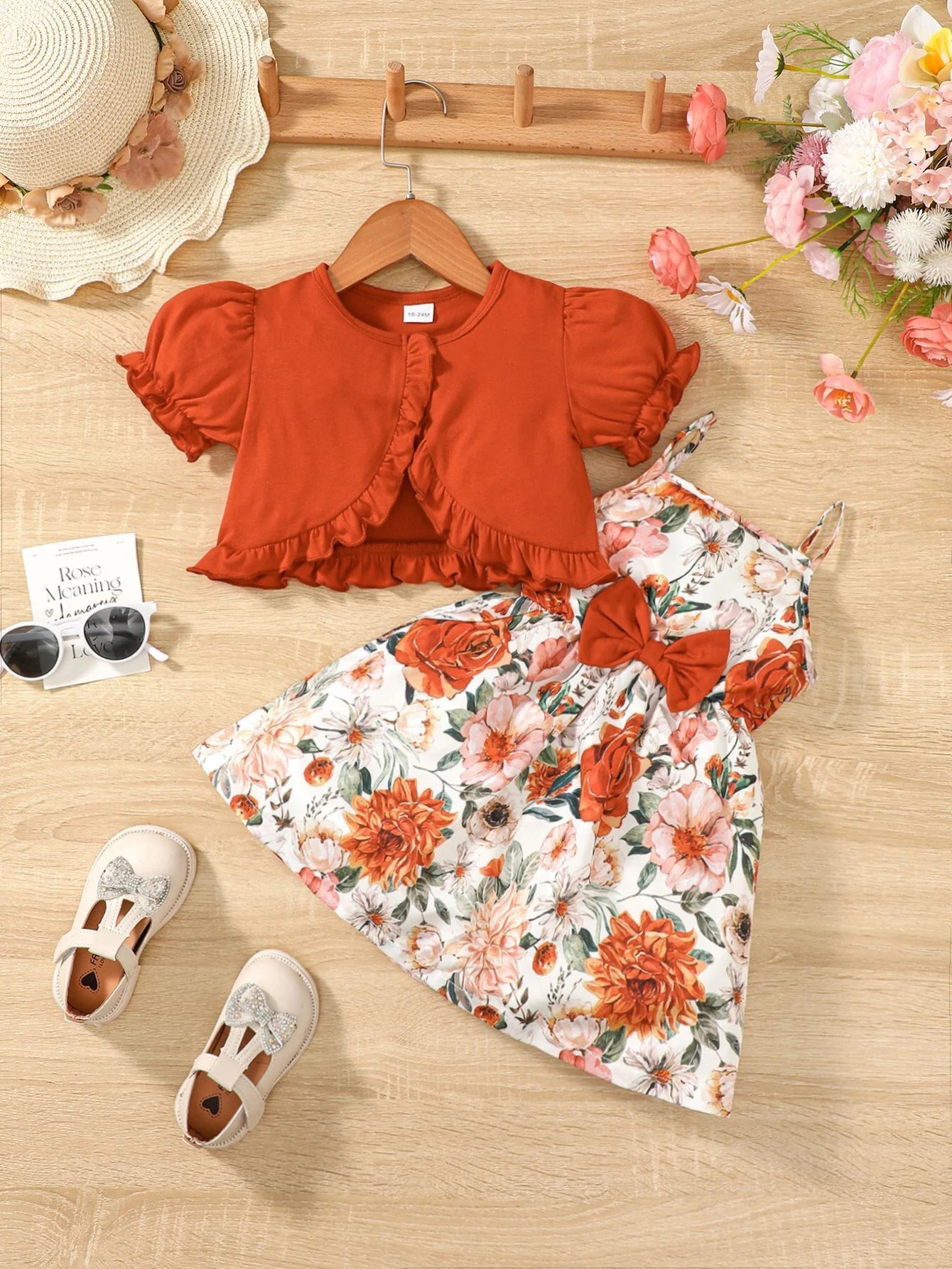Conjunto de 2 pecas  vestido floral,com casaco meia manga   for Girls Aged 1-6 Summer Fashion Dress