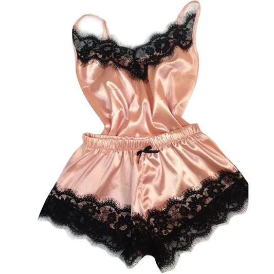 Fashion Women Pajama  V-Neck Stretch Satin Babydoll Lace Sexy Lingerie Bowknot Pyjamas Sleep Shorts Set Sleepwear