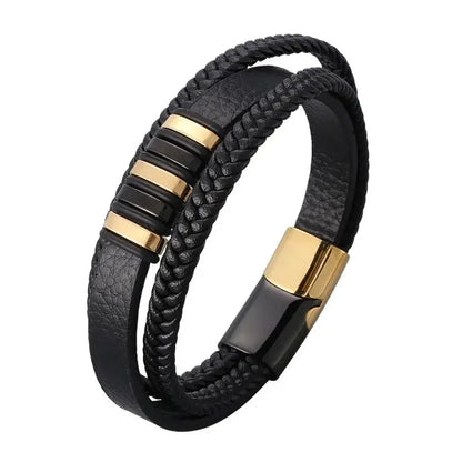 European and American Fashion Stainless Steel Star of David Multilayer Leather Braid Bracelet Mes Charm Amulet Jewelry