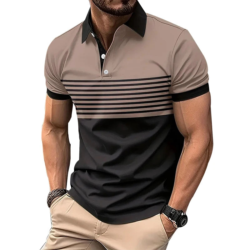 New Summer Men Casual Short Sleeve Lapel Business Polo Shirt  Stripe Polo Shirt Sport Button Pullover