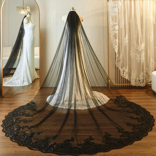 Véu de noiva 3*3 Meter Cathedral wedding veils Lace Appliques Bridal veil  cor preta