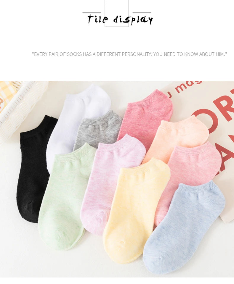 10 Pairs of Colored Cotton WOMEN'S Short Socks, Ankle Breathable Mesh Sports Socks, Summer Casual Solid Color Boat Socks