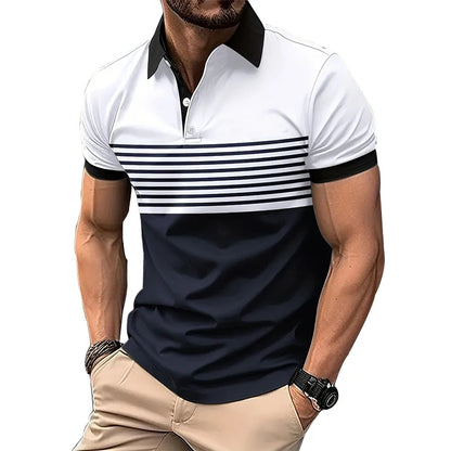 New Summer Men Casual Short Sleeve Lapel Business Polo Shirt  Stripe Polo Shirt Sport Button Pullover