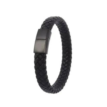 Simples e Classic , Black Hand Woven Leather Bracelet with Metal Magnetic Clasp Men's Fashion Jewelry .