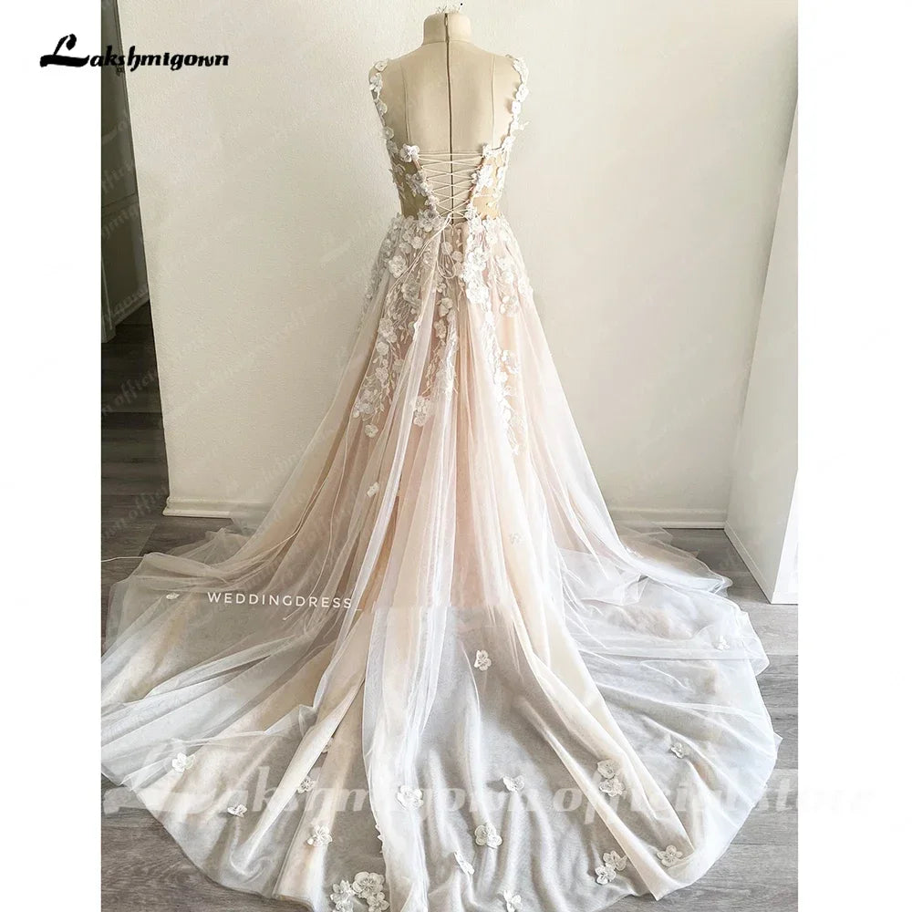 Wedding Light Champagne Wedding Dresses 3D Flowers Spathetti Straps  formato  em A