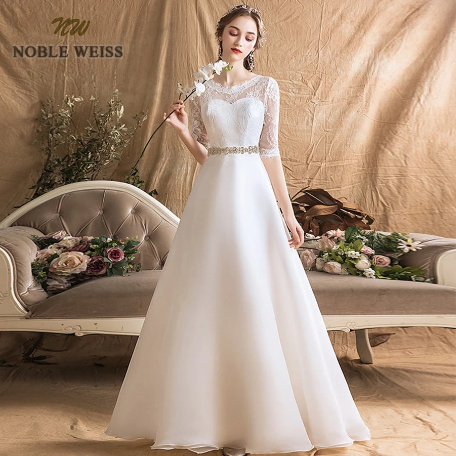 Wedding Dresses Organza A-line Simple Wedding Dress Floor-length Sashes Bridal Dresses with Half Lace Wedding Gown
