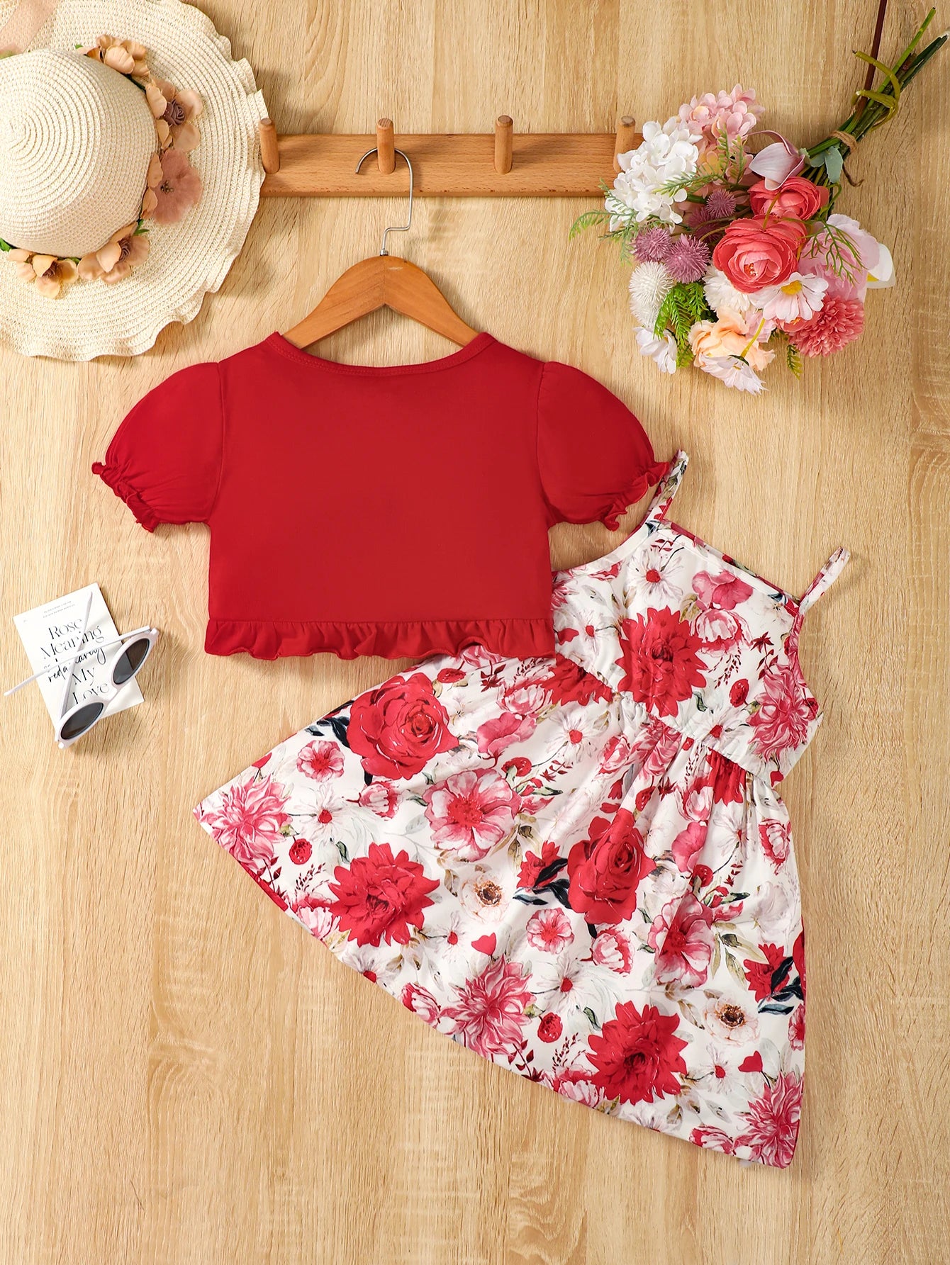 Conjunto de 2 pecas  vestido floral,com casaco meia manga   for Girls Aged 1-6 Summer Fashion Dress