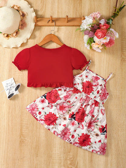 Conjunto de 2 pecas  vestido floral,com casaco meia manga   for Girls Aged 1-6 Summer Fashion Dress