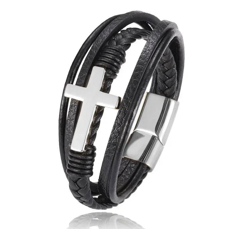 Simples e Classic , Black Hand Woven Leather Bracelet with Metal Magnetic Clasp Men's Fashion Jewelry .