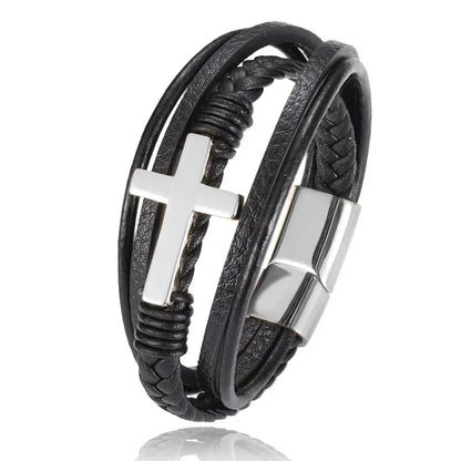 Simples e Classic , Black Hand Woven Leather Bracelet with Metal Magnetic Clasp Men's Fashion Jewelry .