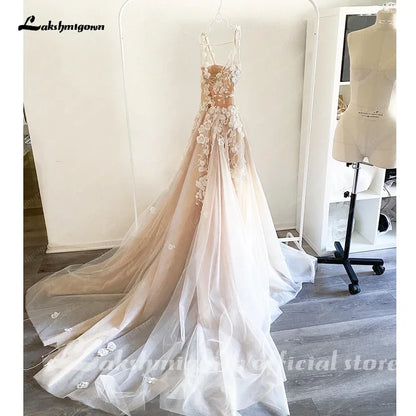 Wedding Light Champagne Wedding Dresses 3D Flowers Spathetti Straps  formato  em A