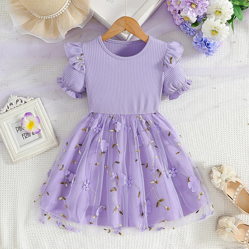 Trendy Sweet Girls' Bow Princess Dress Korean Style Children's Butterfly Mesh Flower Birthday Dress 2-6Year Summer Kids Clothing