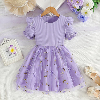 Trendy Sweet Girls' Bow Princess Dress Korean Style Children's Butterfly Mesh Flower Birthday Dress 2-6Year Summer Kids Clothing