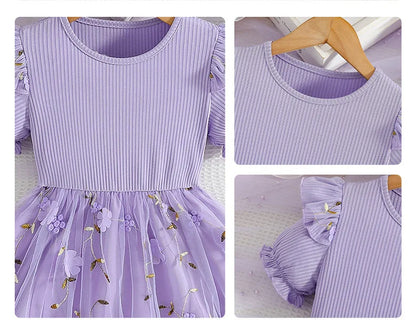 Trendy Sweet Girls' Bow Princess Dress Korean Style Children's Butterfly Mesh Flower Birthday Dress 2-6Year Summer Kids Clothing