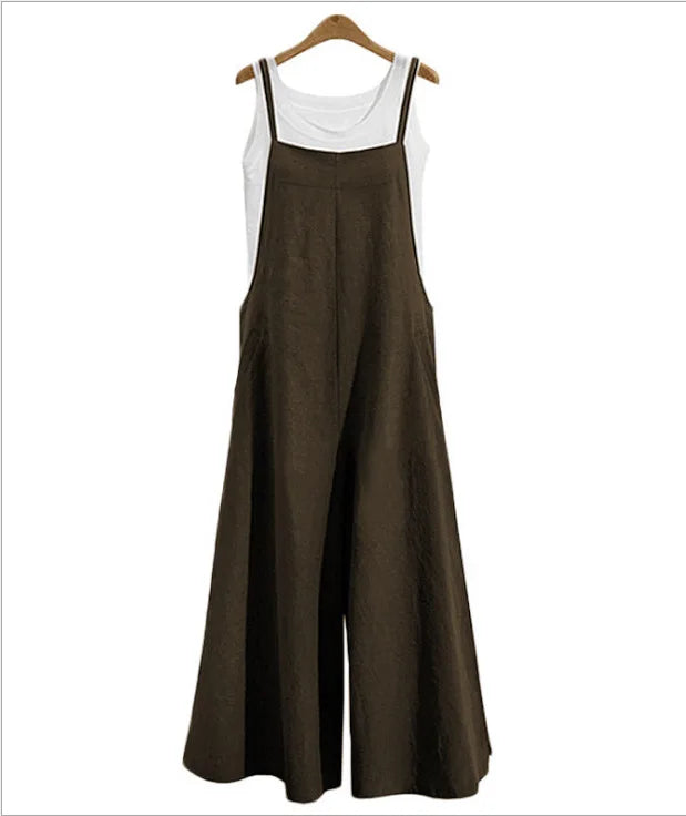Summer Women Long Jumpsuit Solid Color Casual Loose Thin Size Sleeveless Straps Wide Leg Women Suspender Loose Jumpsuit