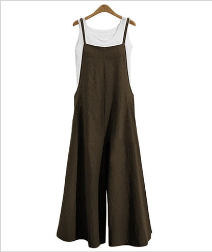 Summer Women Long Jumpsuit Solid Color Casual Loose Thin Size Sleeveless Straps Wide Leg Women Suspender Loose Jumpsuit