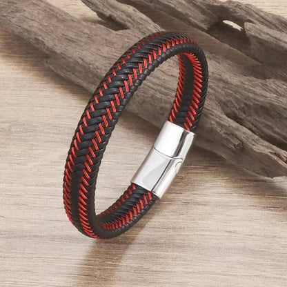 Simples e Classic , Black Hand Woven Leather Bracelet with Metal Magnetic Clasp Men's Fashion Jewelry .