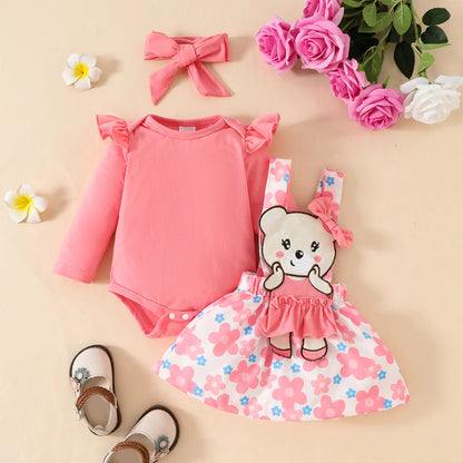 Prowow Panda Baby Girl Outfits Sets Green Cute Panda Romper and Suspender Bamboo Dress 3pcs Baby Clothes Panda Set