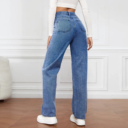 Jeans ganga Mulheres Calças Retas Lavagem Cintura Alta Solta Bolsos Básicos Comprimento Tornozelo Y2k Calças Azuis Streetwear Leve Elástico . Descubra conforto e estilo. Toque especial...